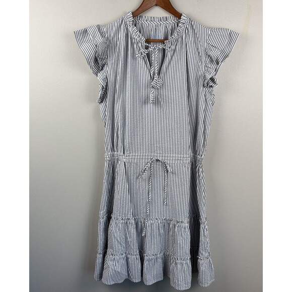 Vineyard Vines Women L Harbor Flutter Seersucker Tunic Dress Gray Striped Cinch - Picture 2 of 10